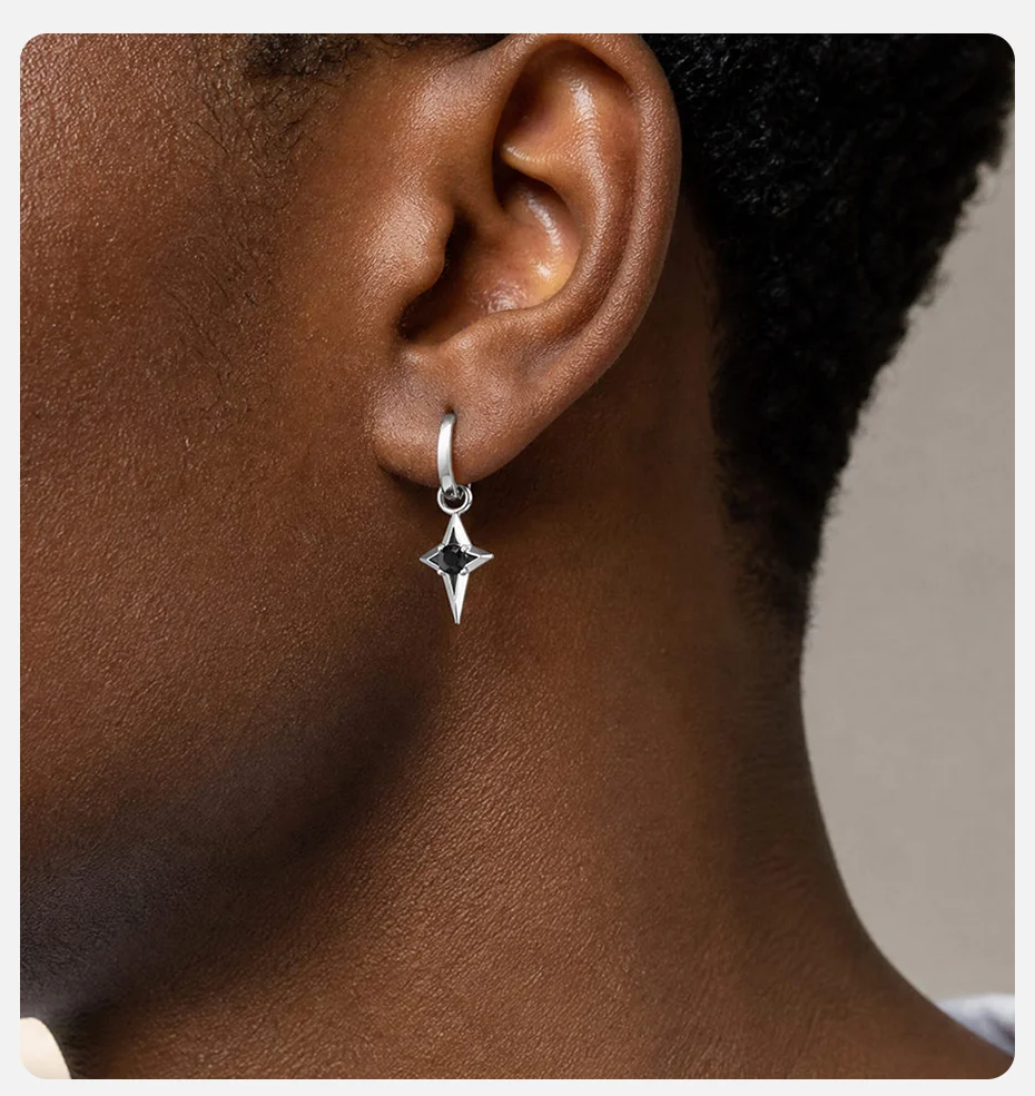 Vnox Herren-Creolen, Kupfer 4-zackiger Stern-Ohrhänger mit schwarzem Zirkon, Punk-Ohrschmuck für den Alltag, Partygeschenk, Neu – Detail 2