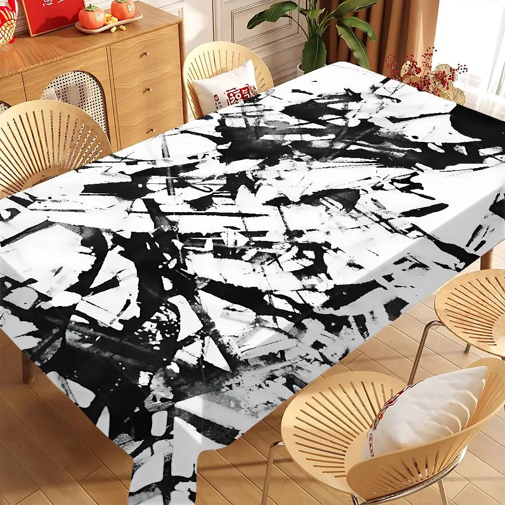 Schwarz-weiße bunte Tischdecke, wasserdicht, ölbeständig, schmutzabweisend, abwischbar, rechteckiger Tisch