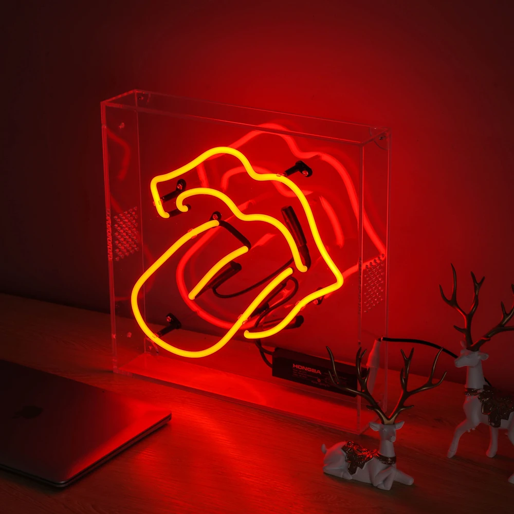 red lighting glass neon tongue with protection acrylic box