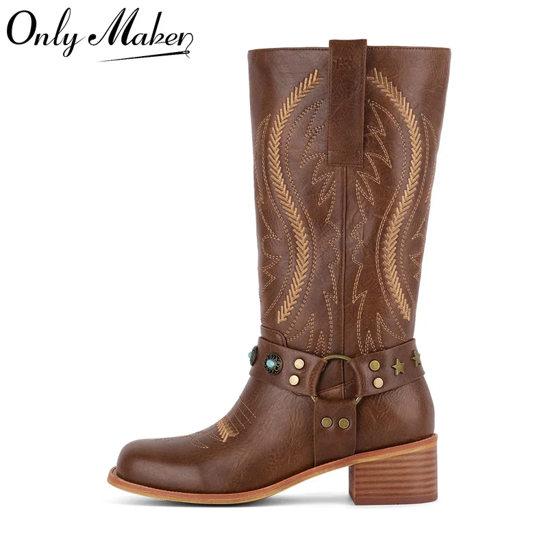 

Onlymaker/женские сапоги-ковбойки с круглым носком и цветочной вышивкой в стиле вестерн, сапоги до колена с вышивкой на массивном каблуке