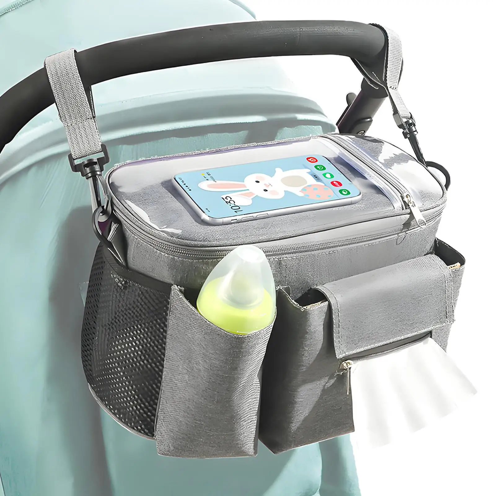 

Коляска Caddy с нескользящими ремнями, сумка для коляски для ребенка, прозрачный сенсорный контроль, водонепроницаемые аксессуары для хранения, плотно прилегающие для