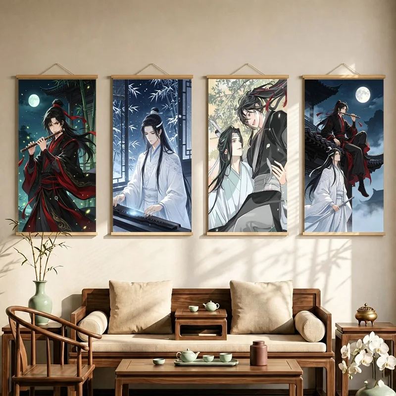 The Founder of Diabolism Hanging Scroll with Long Haired Men in Flowing Robes and Moonlit Fantasy Scenes for a Reading Nook