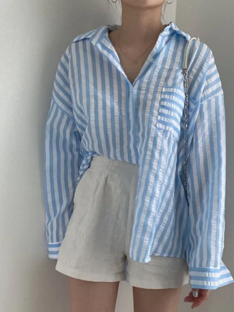 Chic Early Autumn Loose Texture Long Sve Striped Single Button Collar Women's irt Top Faionable Casual Busin Wear