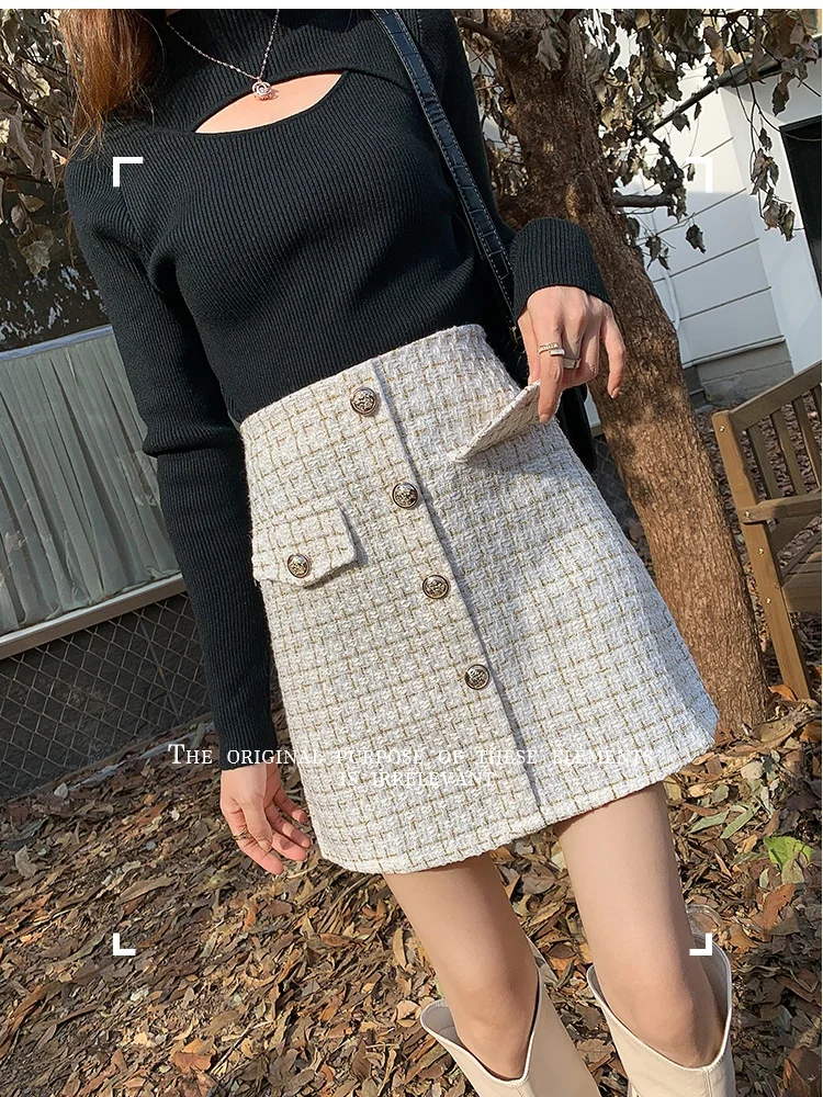 SMTHMA Women Small Fragrance Style Woolen Tweed Skirts New Fashion Elegant Mini Skirt Slim Office Lady Skirt Autumn Winter