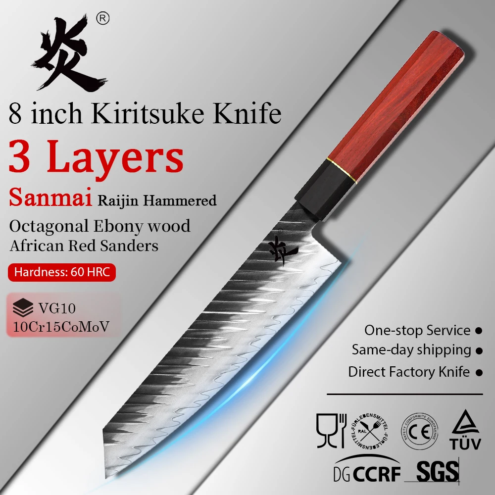 YAN 3 Layers Sanmai Damascus Steel VG10 Raijin Hammered Kiritsuke Knife Octagonal Ebony Wood and African Red Sanders