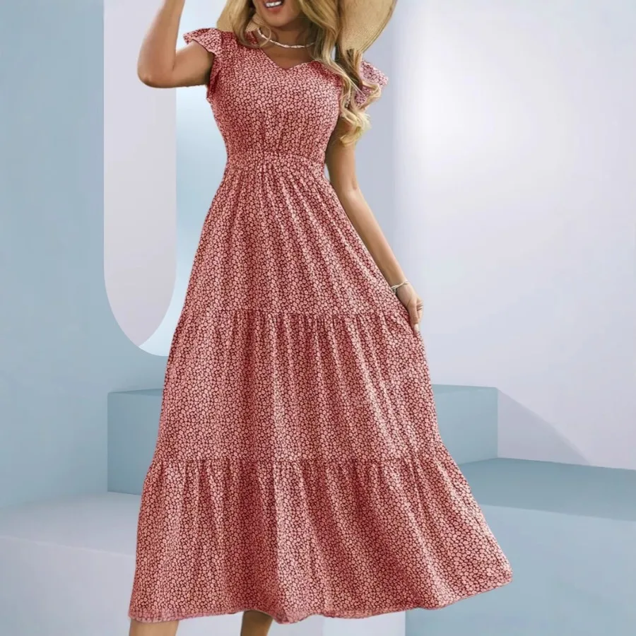 

Европейское и американское женское платье с глубоким V-образным вырезом, высокой талией, принтом, многослойное, с короткими рукавами, цветочное.