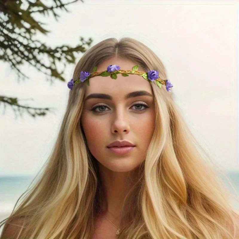 Ladies Seaside Vacation Bohemian Style Plum Blossom Elastic Headdress Headband Bridal Flower Braid Garland Beautiful Hairband