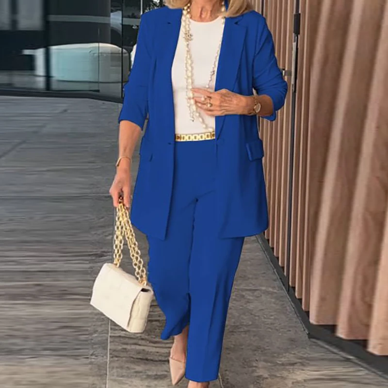 

2024 Female Elegant Two Piece Commuter Suit Autumn Lapel Collar Long Sleeve&Straight Pants Set Spring Straight Button Women Set