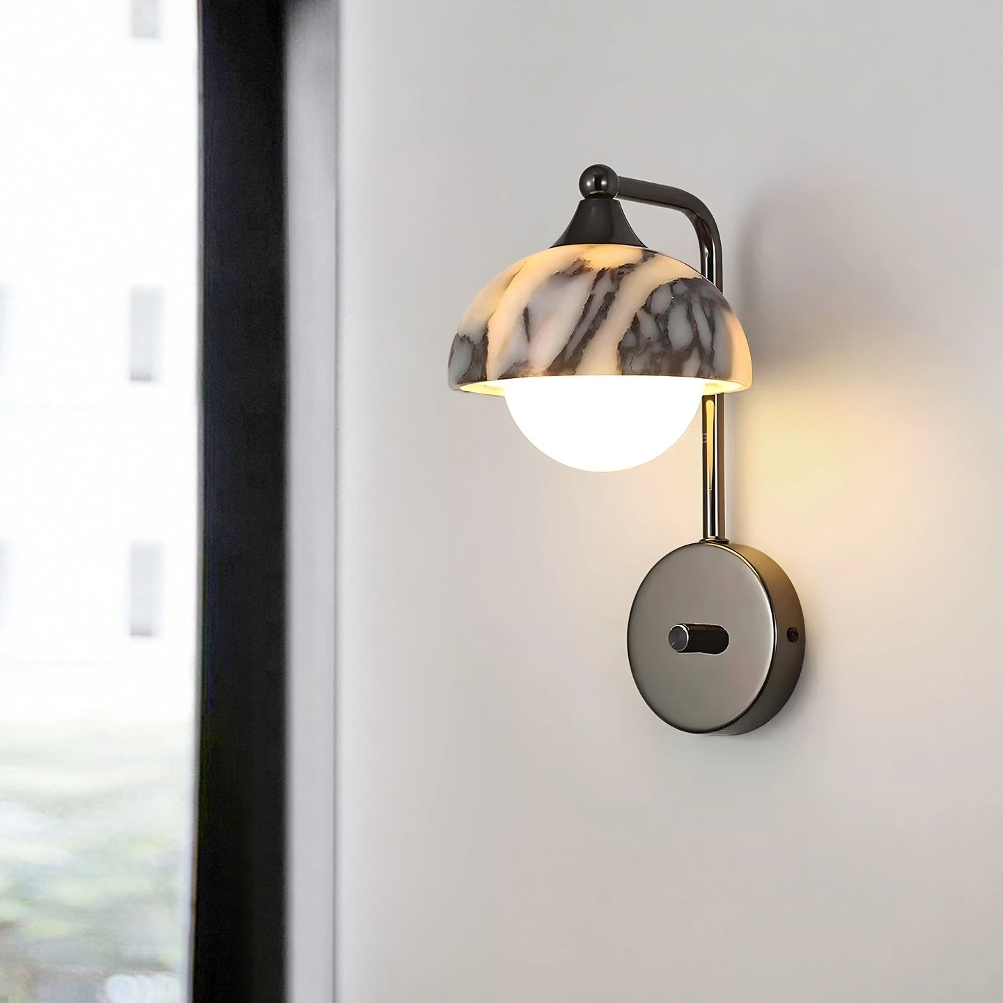 Nordic Minimalist Natural Marble Wall Sconce, LED Wall Lamp with Steel Frame for Living Room, Bedroom, Hotel Decor