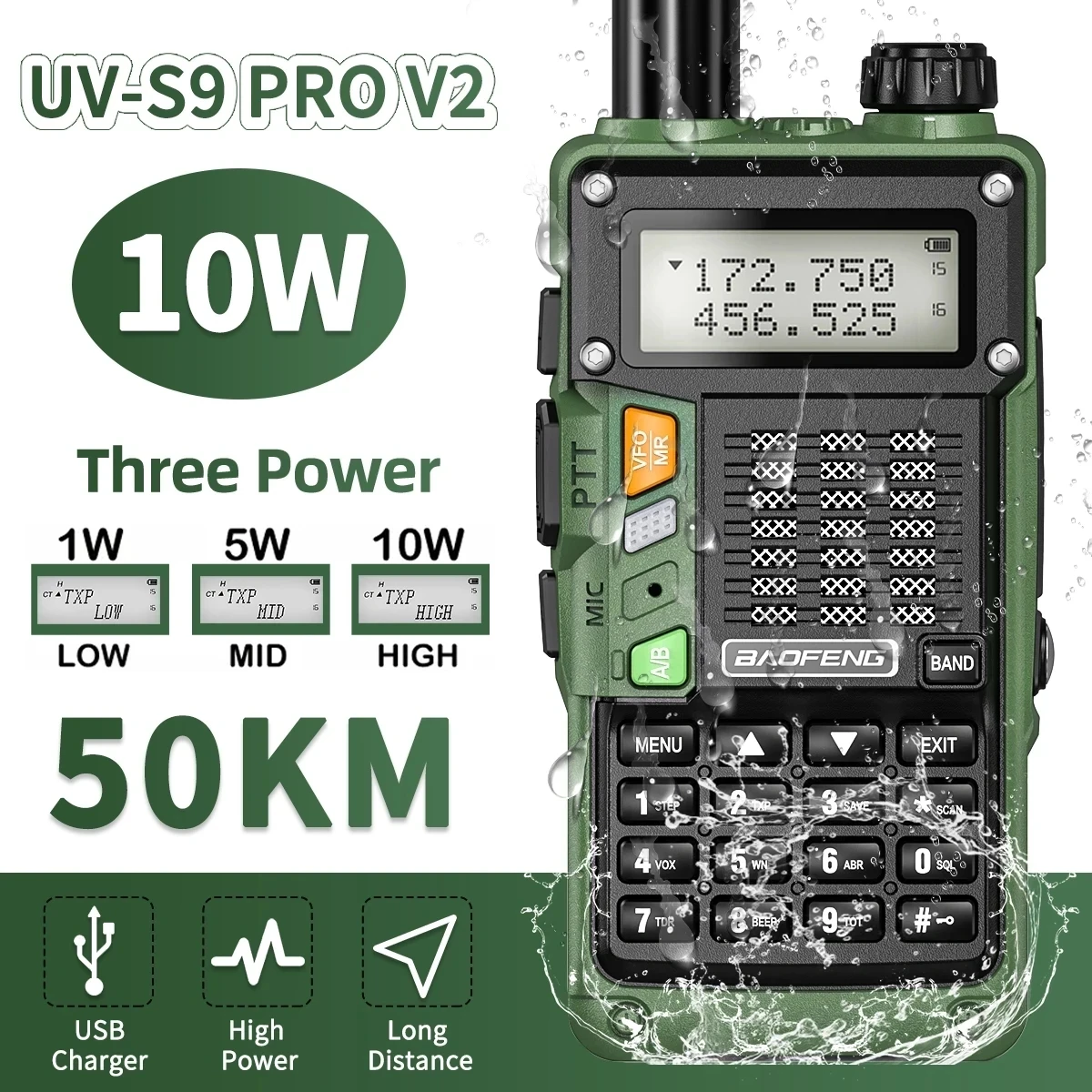 BaoFeng UV-S9 Pro V2 10W Walkie Talkie Powerful UHF VHF Waterproof Radio Long Range Up of UV-5R Portable Ham Two Way Radio