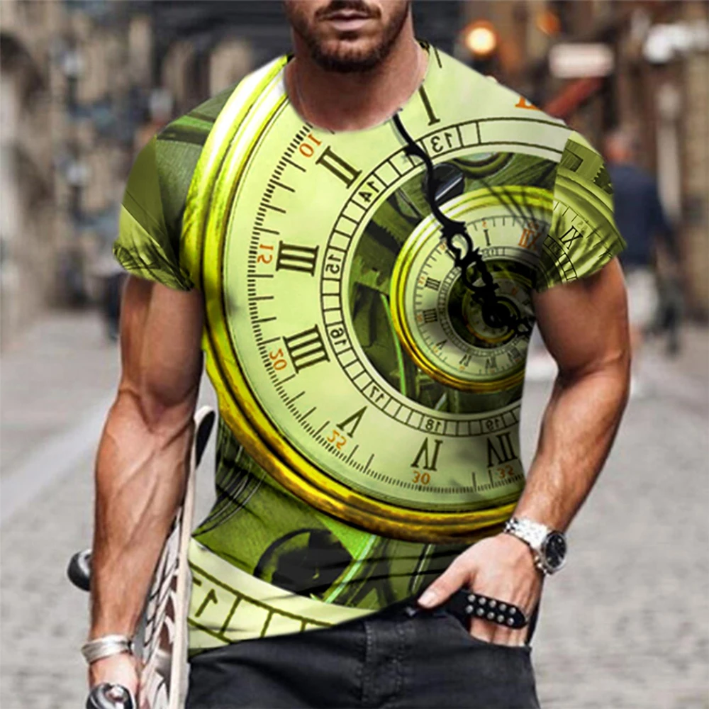 2024 Men\'s Vintage Clock Print T-Shirt Men\'s Street Casual Wear Men\'s Summer Fashion Top Men\'s Sports Sweat Wicks Short Sleeve