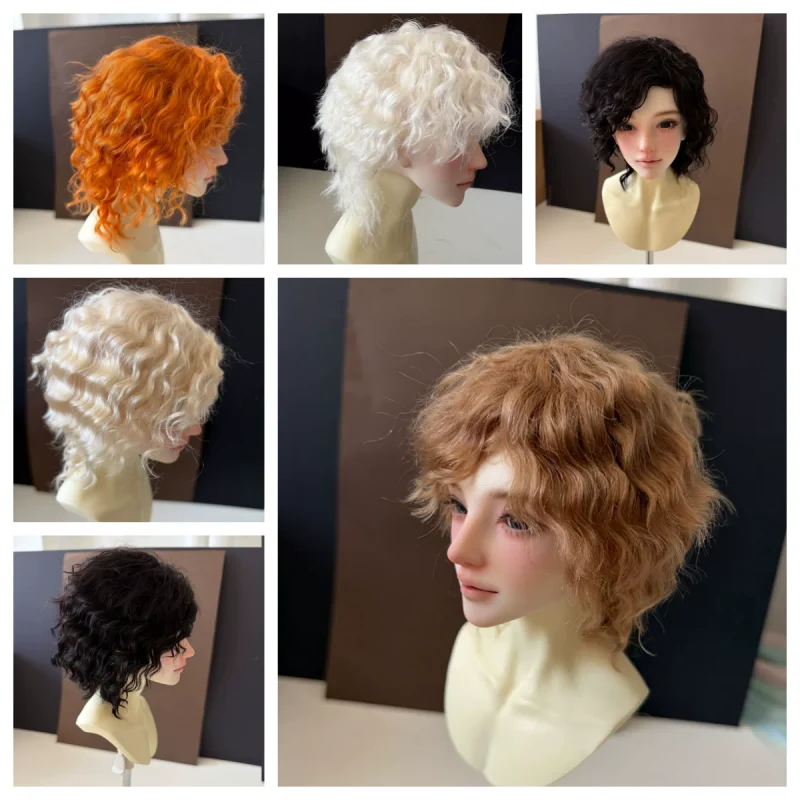 BJD Wigs Short Wavy Hair for 1/3 1/4 Dolls Mohair Wigs Doll Black White Gold Orange Hair