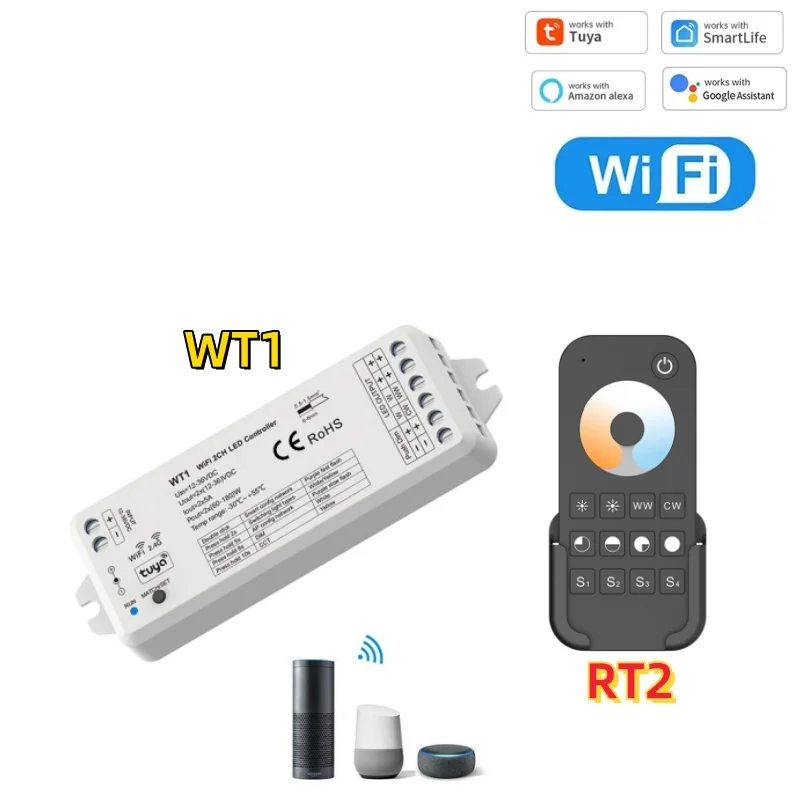 WT1 Tuya WiFi LED Dimmer Controller DC12V-36V 2CH Smart RT1/2 TW1/2 2.4G RF Wireless Remote Dimmer Switch WW CW CCT Controller