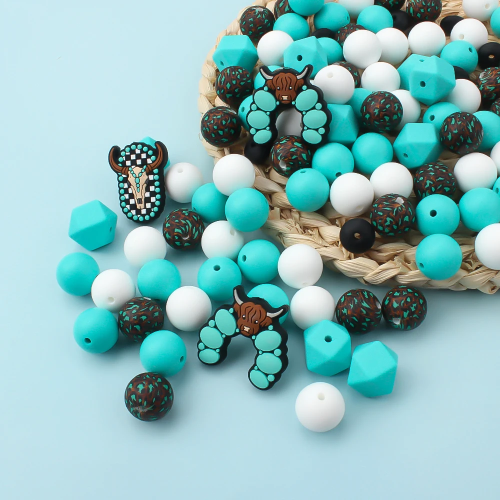 30Pcs/Set Turquoise Cowboy Silicone Bead Set Assorted Shapes Focal Beads for DIY Pens Keychains Bracelets Craft Kit Essentials