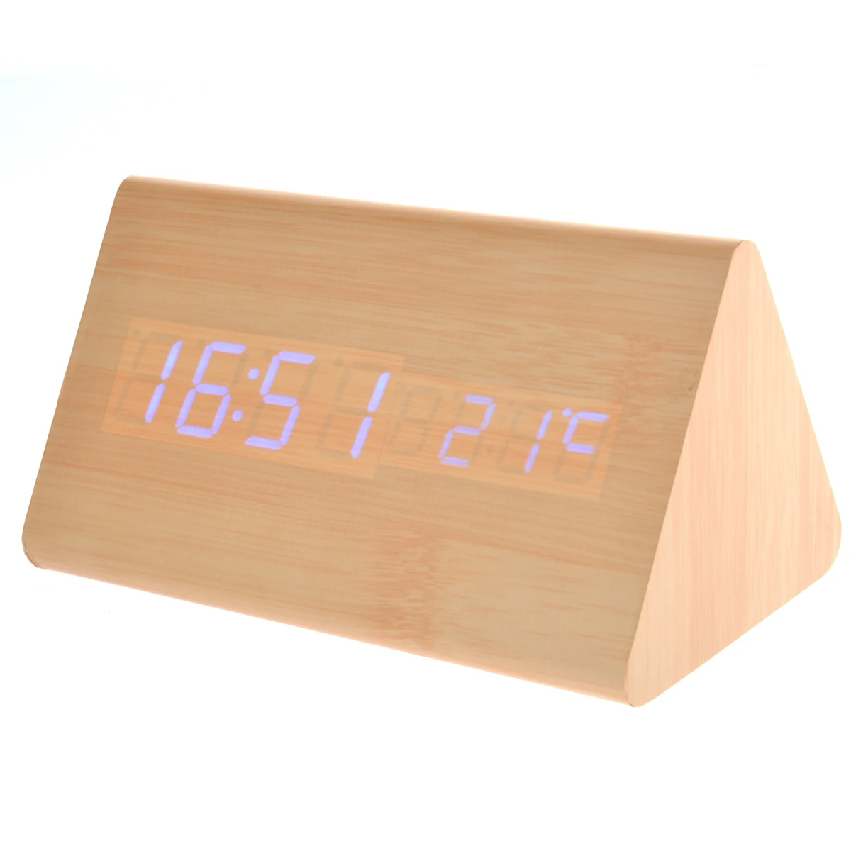 

Novelty LED Digital Wooden Desk Clock Triangle Shape Blue Light Alarm Temperature Timer USB Powered
