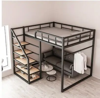 Iron work elevated bed empty single upper floor space saving attic bunk apartment high and low iron frame bed