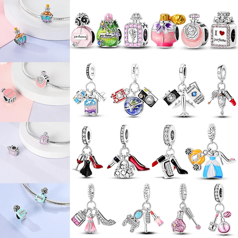

925 Sterling Silver High Heels Lipstick Perfume Bottle Princess Dress Charms for Girl Life Series Sewing Machine Weaving Charms