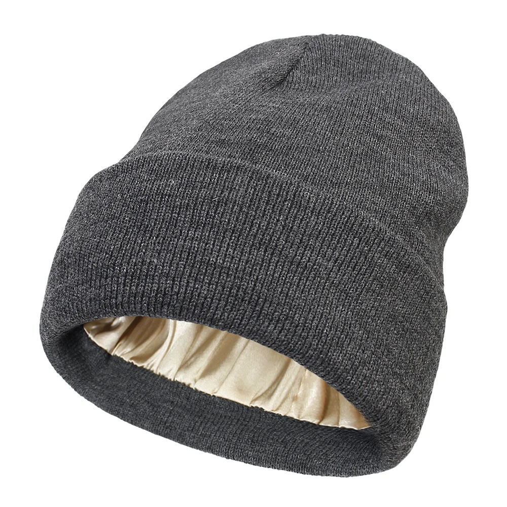 Cashmere Knitted Beanie Hat Winter Silk Satin Lined Beanie Hats Women Men Unisex Thick Chunky Cap Solid Warm Soft High Quality