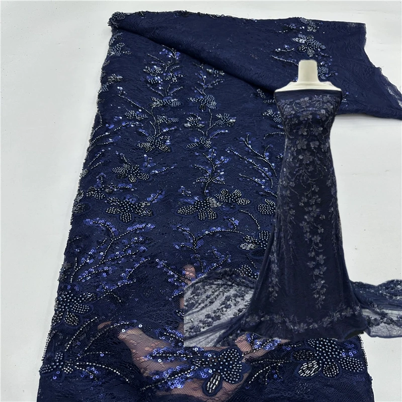 African Groom Embroidered Sequin Lace Fabric 2026 Luxury Navy French Beaded Lace Fabric for Bridal Wedding Party Dress Sewing
