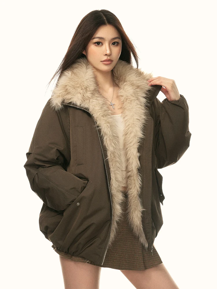 

Aaisup, хлопковое джинто в американском стиле ретро, женское зимнее новое повседневное свободное облегающее теплое пальто с меховым воротником, уличное длинное платье...