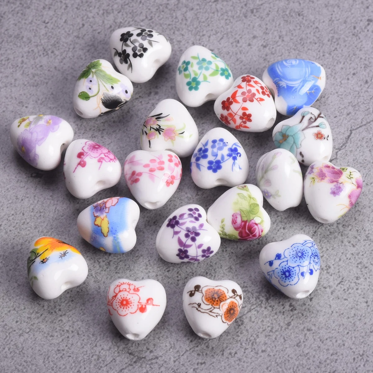 10PCS Heart Shape 13x12mm Flower Patterns Ceramic Porcelain Loose Crafts Beads For Jewelry Making DIY Findings