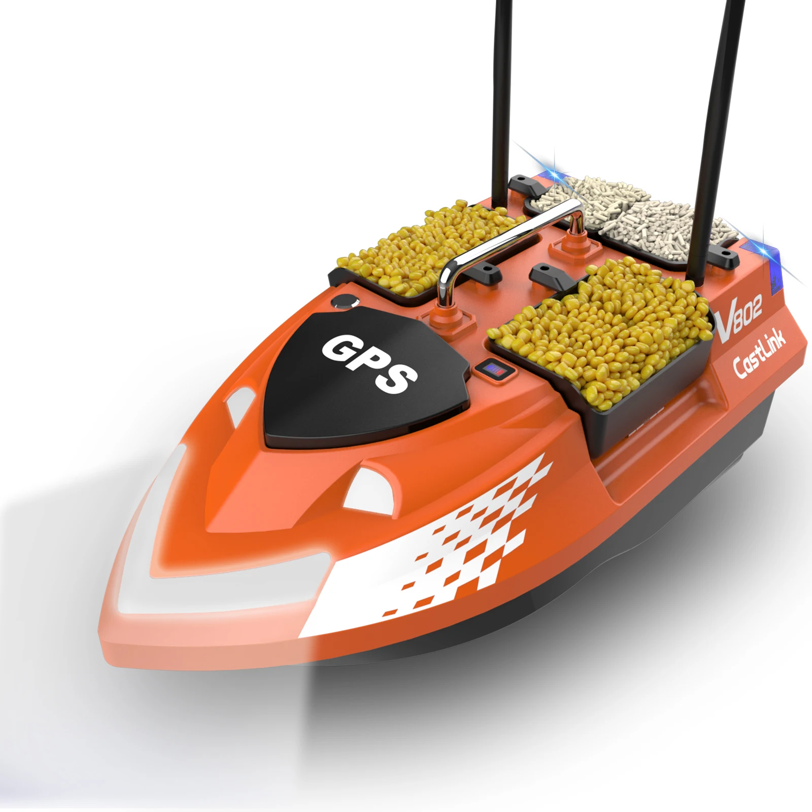 LOKEEVAN V802PRO Köderboot zum Karpfenangeln mit GPS-Doppelantenne, 4 Trichter und Lichtern, Fernbedienung bis zu 500 m