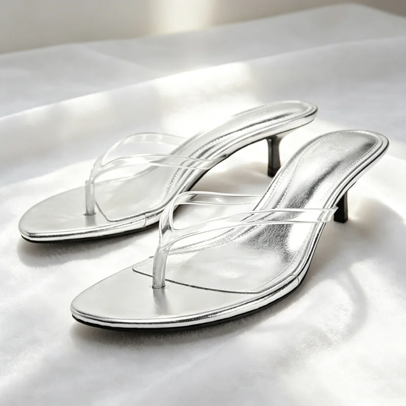 Sandalias de tacón bajo transparentes de PVC con diseño metalizado plateado para mujer, estilo sexy con clip en el dedo y tacón de gatito, de lujo.