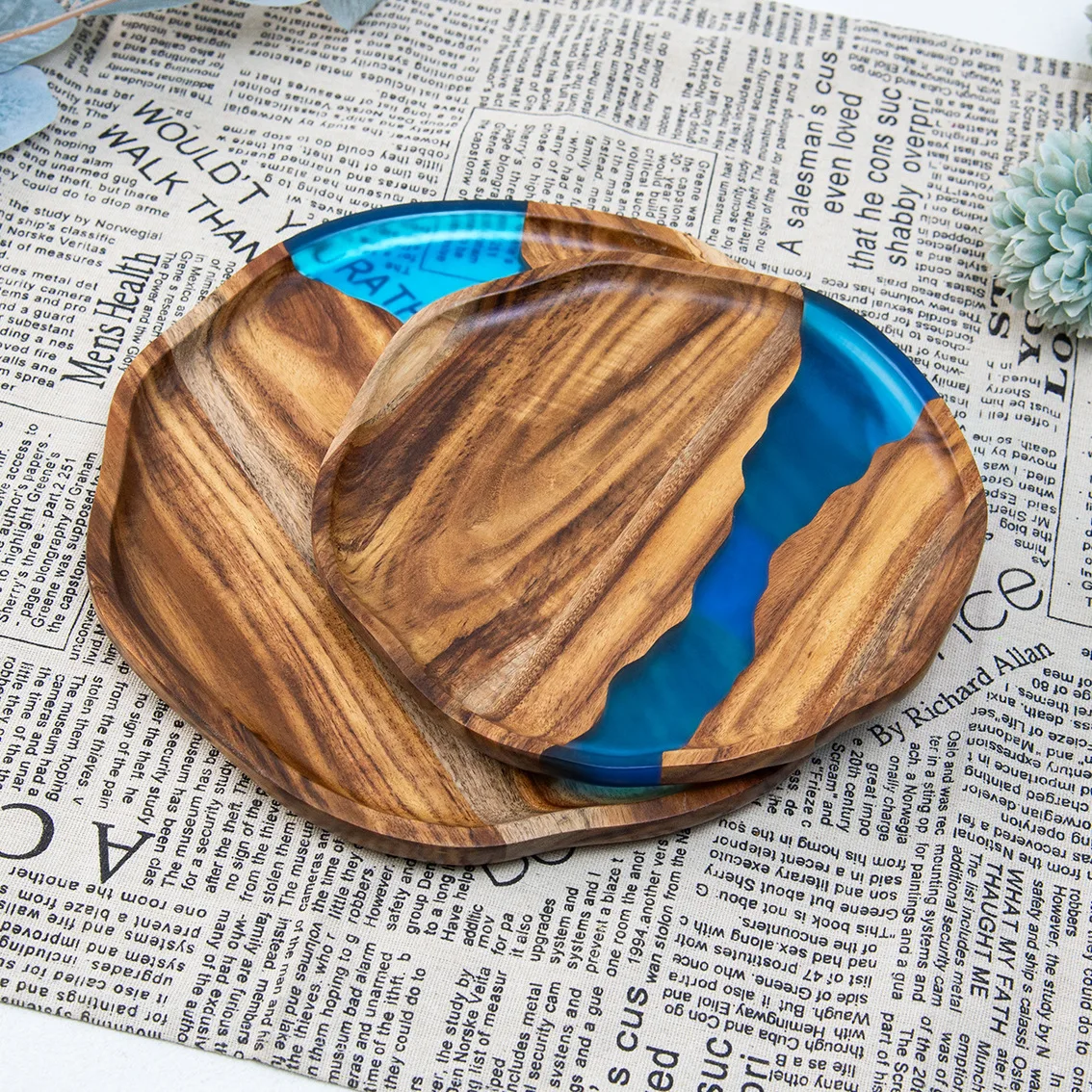 

River resin acacia wood dinner plate acacia wood solid wood snack tea tray round square retro tray