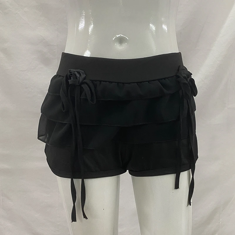 Aesthetic Korean Solid Color Ruffled Hem Cute Girl Kawaii Mini Shorts Flower Bud Bow Decoration Harajuku Elastic Waist Hot Pants