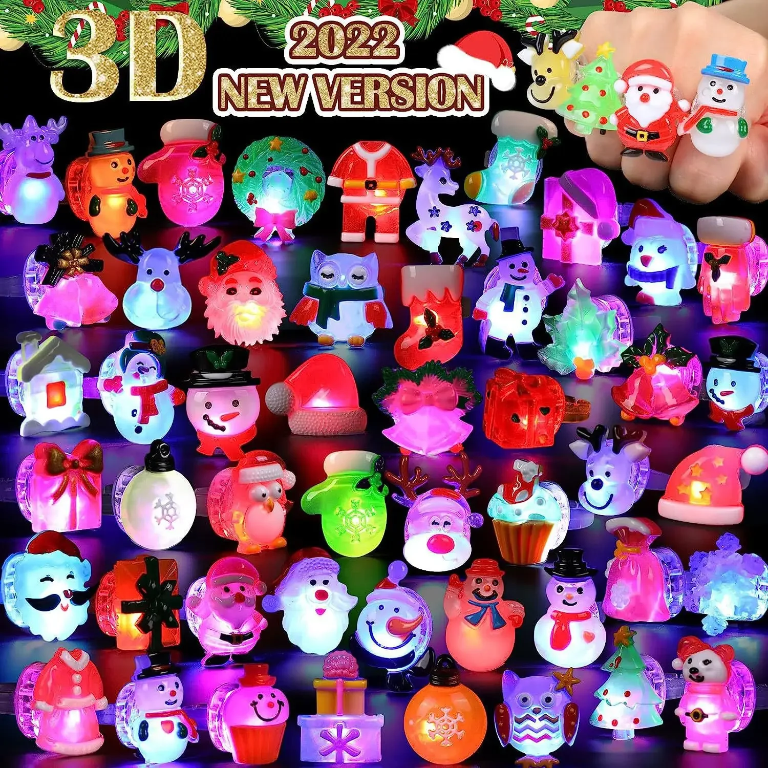 

20PCS Creative Christmas Theme Resin Glowing Ring Toys Santa Claus Christmas Tree LED Blue/Flashing Ring Kids Gift Party Decor