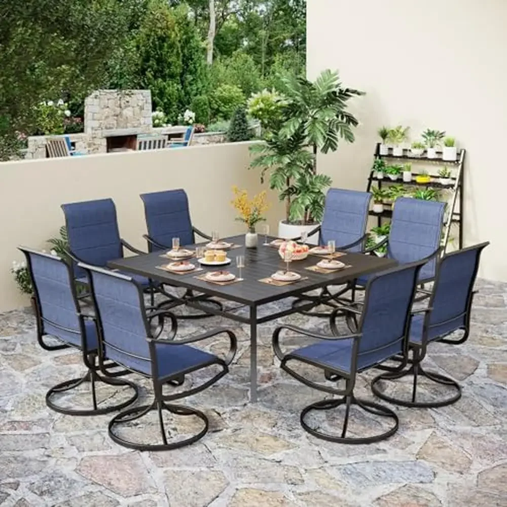 Outdoor Dining Set Swivel Chairs Metal Table Patio Furniture Kit Square 9 Pcs