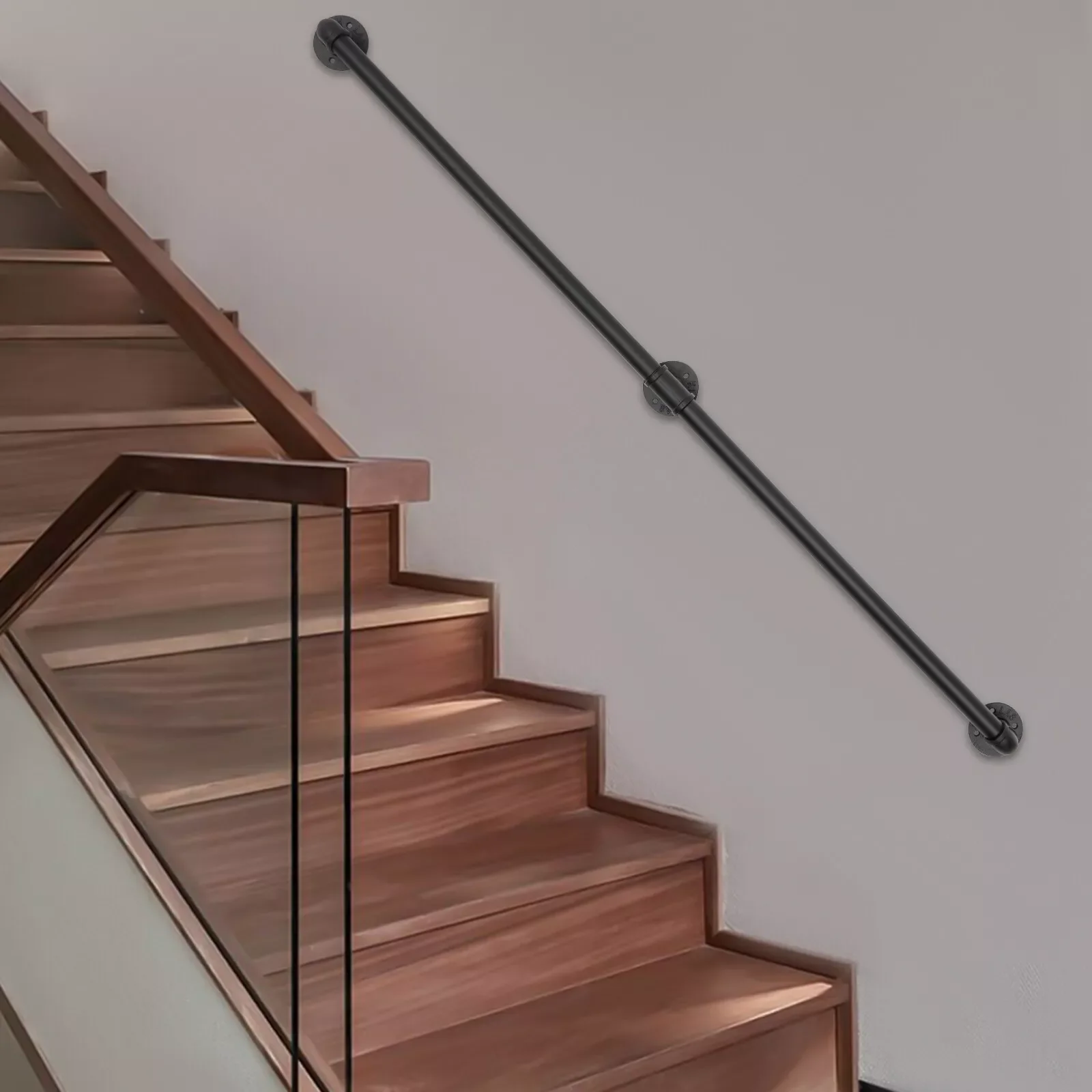 สําหรับใน/กลางแจ้งสีดําโมเดิร์น Handrail 5ft ราวบันไดราวติดผนัง, รอบชุบสังกะสี Handrails ท่อเหล็ก 153 ซม./5ft