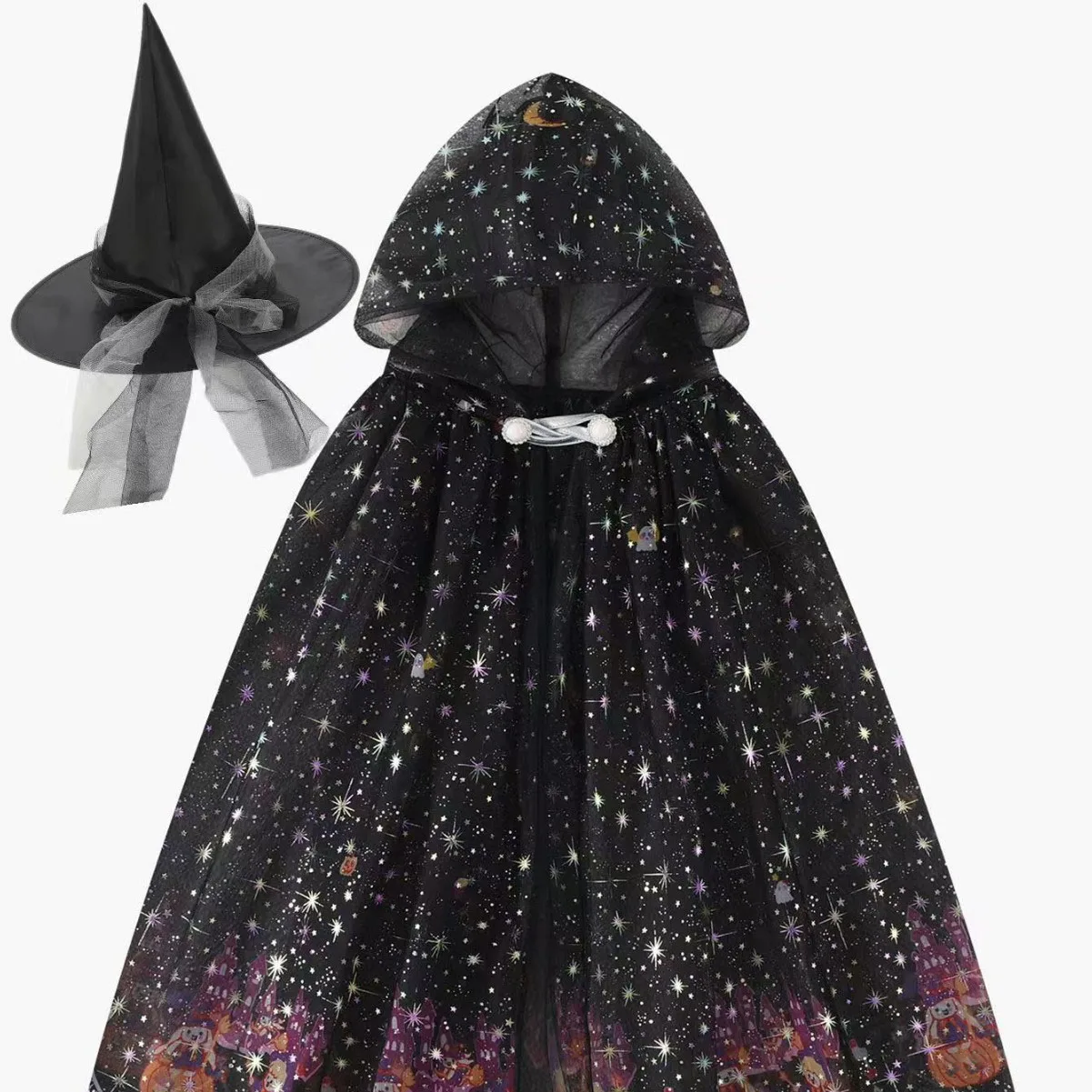 

2025 Sparkling Stars Printed Hooded Cloak Halloween Pumpkins Children's Costume Theme Party Dress Up Decoration Cloak With Hat