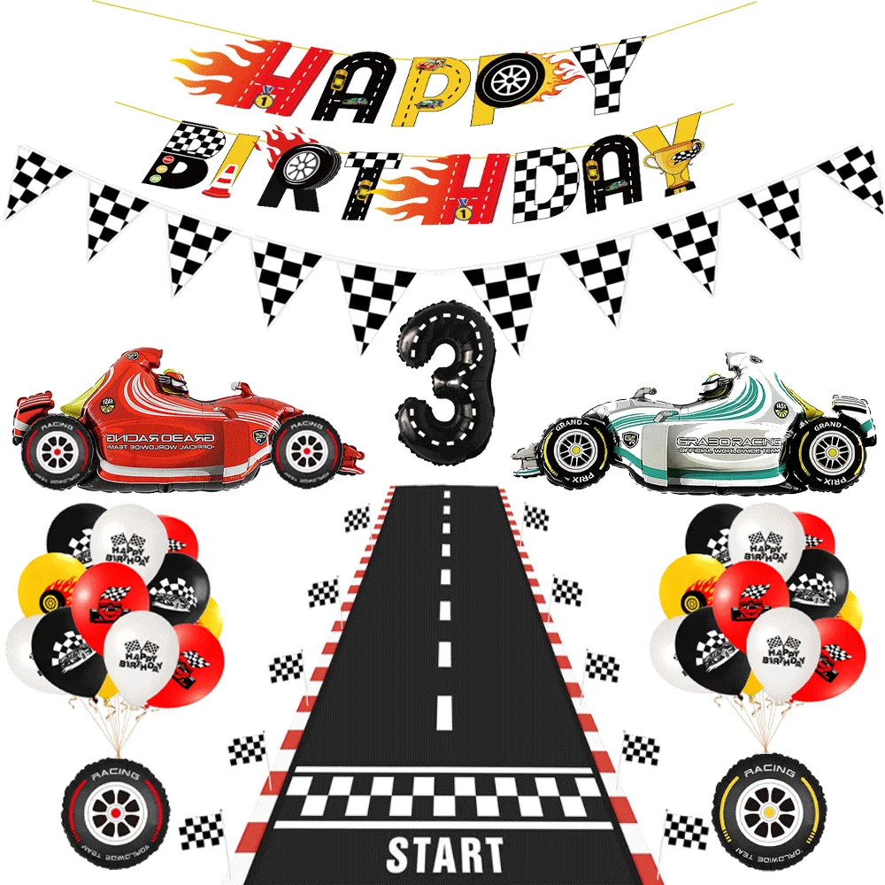 1set Fire Breathing Racing Theme Party Balloon Race Track Cake Insert Card Pull Flags  Boy Birthday Party Decoration Kids Gift