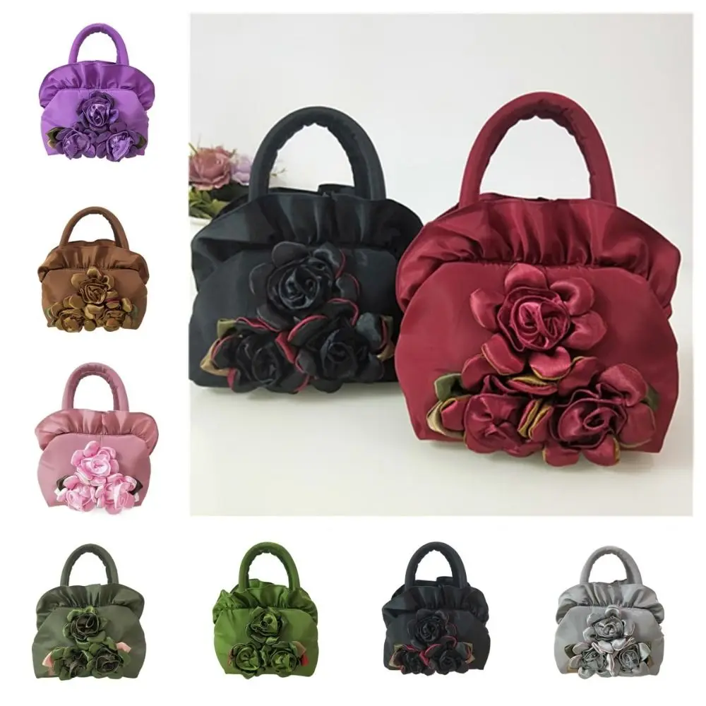 

Satin Silk Hanfu Flower Drawstrings Bag Ruffle Ethnic Style Rose Flower Handbag Wrist Bag Mommy Bag Small Purse Wallet Travel