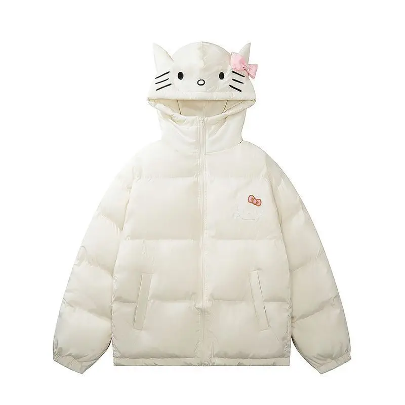 Miniso Plus Size Hellokitty Y2k Cotton Coats Girls Kitty Ear Decor Kawaii Zipper Jacket Cute Cartoon Warm Hooded Coats For Women