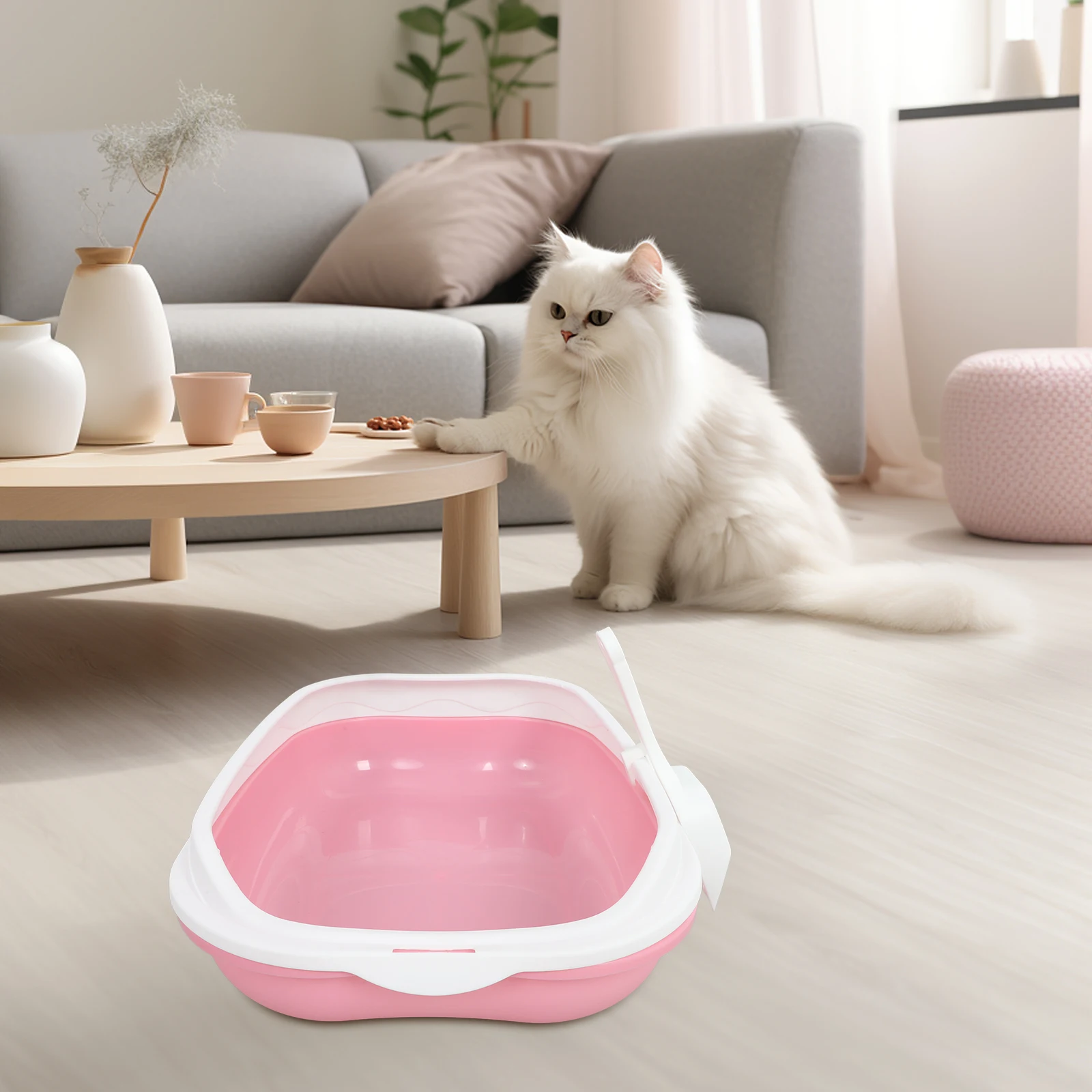 

1 Set Semi-Closed Cat Litter Box Removable Anti-Splash Design For Kittens Adult Cats Durable Plastic Open Top Basin Washable