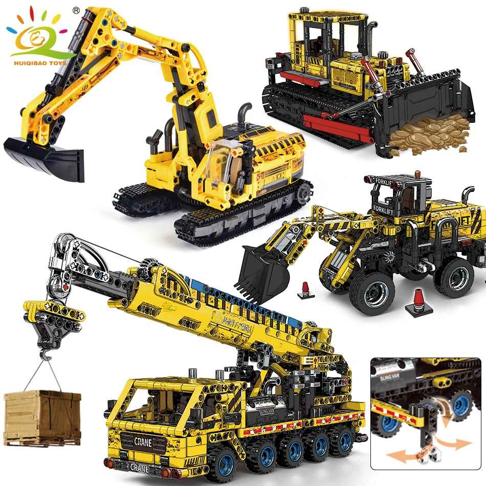 

HUIQIBAO Moc Engineering Truck model Building Block Excavator Crane Car City Construction Tech Brick Set For Children Kids Gift