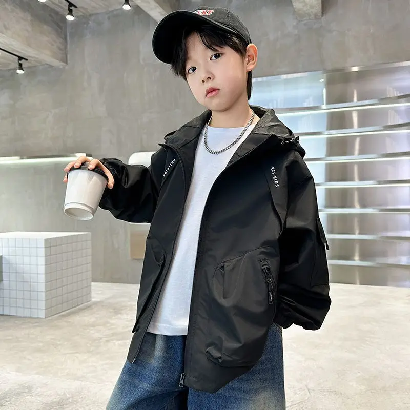 Boys Jacket Spring Autumn New Children Stylish Trench Coat Hooded Windbreaker Black Outerwear