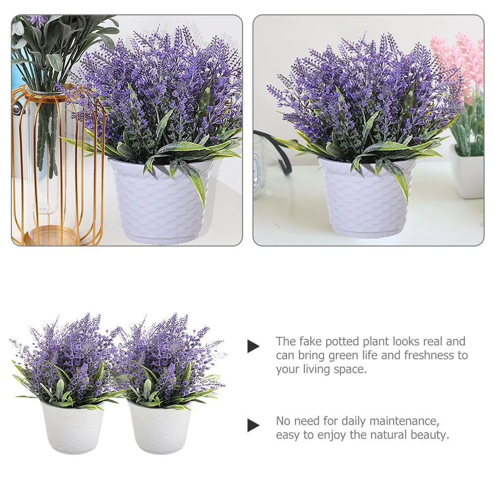 

2 Pcs Artificial Lavender Plants Faux Small Potted Decor Desktop Centerpieces Home Office Cafe Adornments Fake Bonsai