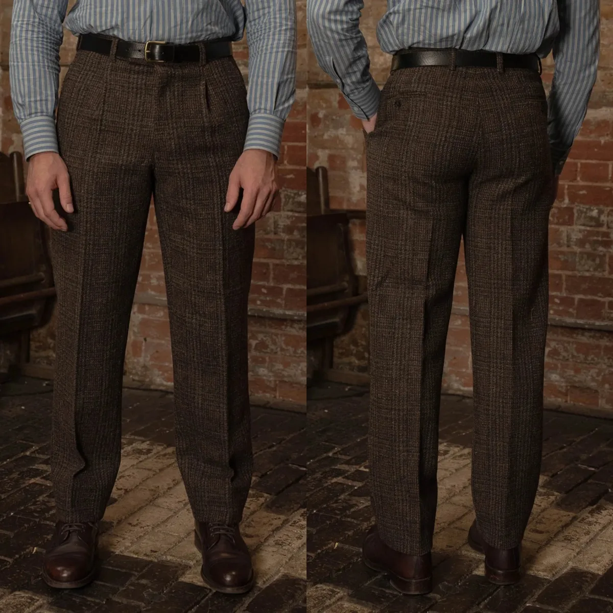 Customized Men Autumn Pants Line Checked Straight Leg High Waist Single Pleated Long Trousers Custom Classic Casual Office Pant