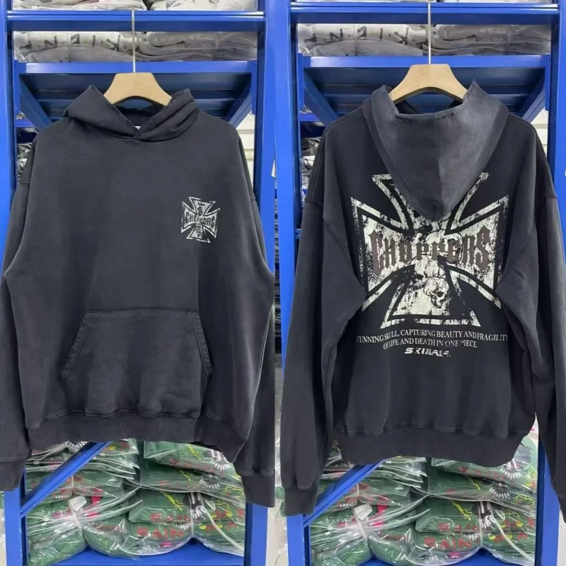 Streetwear Retro Winter Oversized Black Fashion Men's Women's West Coast Choppers Skull Cross Washed Hoodie Sweatshirt