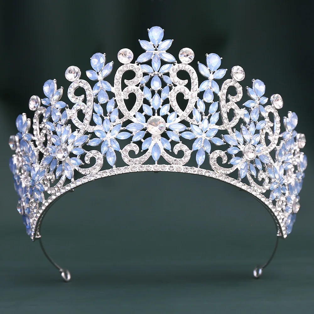 Blue Pink Opal Crystal Royal Queen Wedding Crown Rhinestone Bridal Diadem Pageant Headdress Party Tiaras Hair Dress Accessories