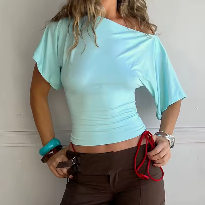 Talenza Summer One Shoulder Tops Fashion Slim Shrink Short Sleeve T-Shirts Sexy Party Y2k Streetwear Solid Pullover Tops Women - Image 10