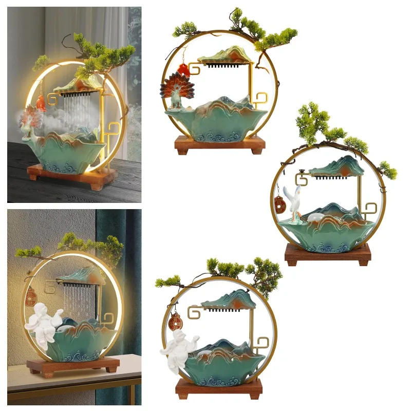 

Tabletop Ceramics Water Fountain Indoor Lucky Water Fountain with LED Light Rockery Waterfall Fountain with Atomizer