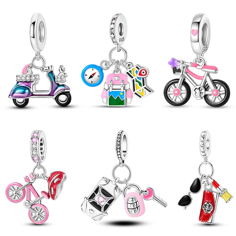 925 Silver Red Car Motorcycle Locomotive Bicycle Pink Car Keys Charms Pendents Fit Original Pandora Bracelet Charms DIY Jewelry