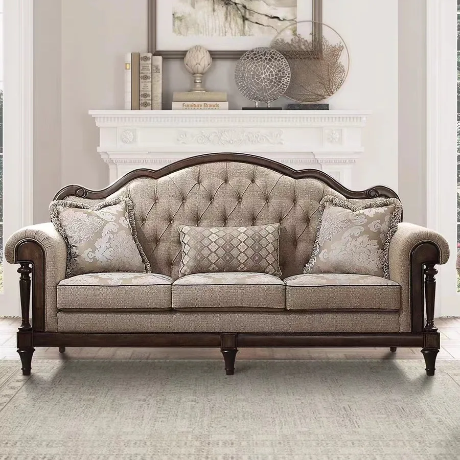 

Rural solid wood fabric sofa single and double three-person small apartment retro luxury buckle new sofa furniture
