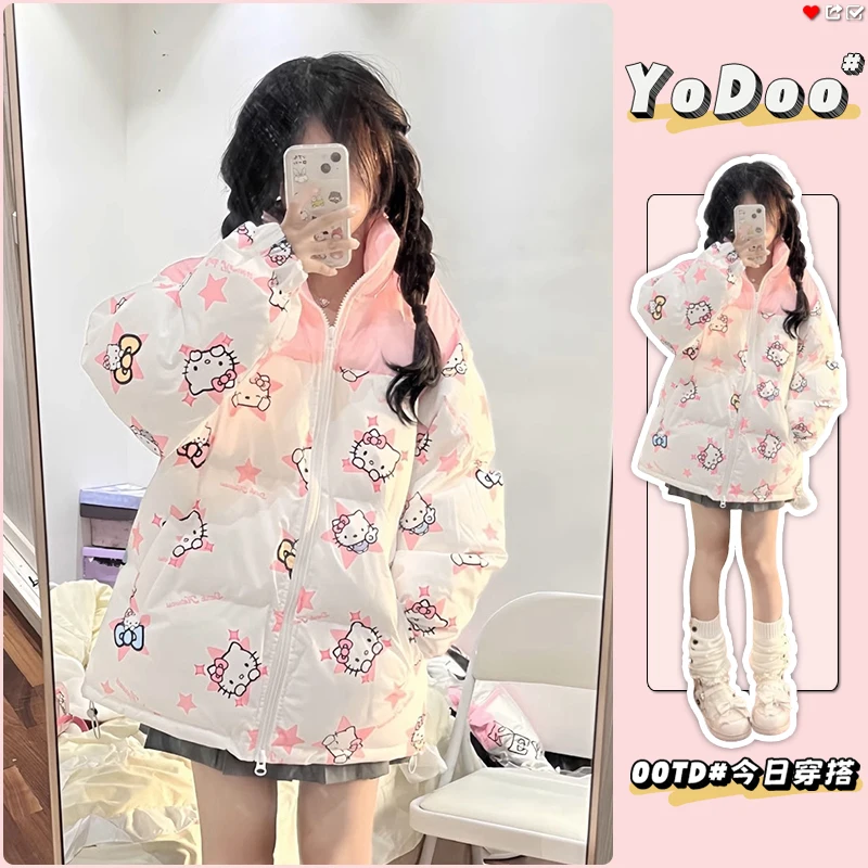 Hello Kitty Woman's Cotton-Padded Jacket Cute Full Print Color Blocked Coat Y2K Winter Jacket Bread Clothes Loose Cotton Clothes