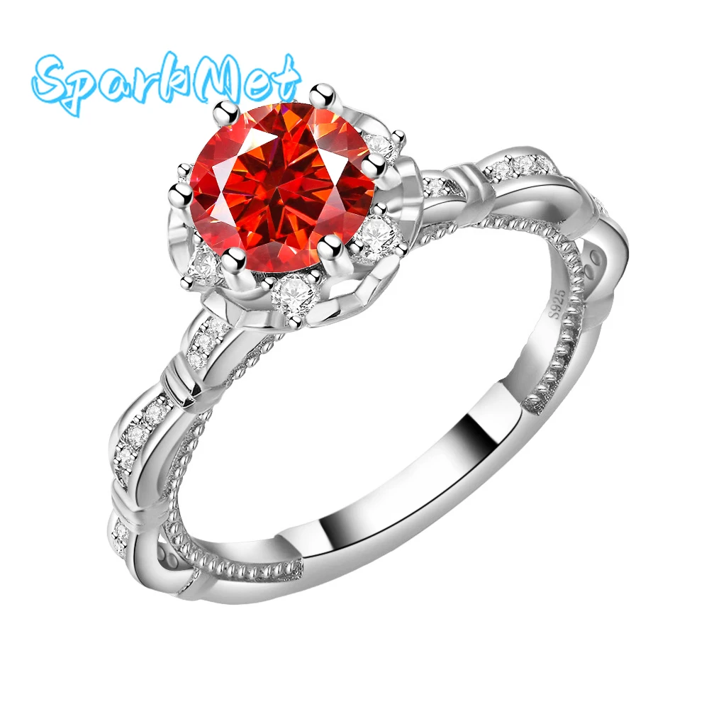 

SparkMet 1ct Red Moissanite Vintage Ring with Certificate Passed Diamond Test Rings Women Jewelry Gift 100% S925 Silver
