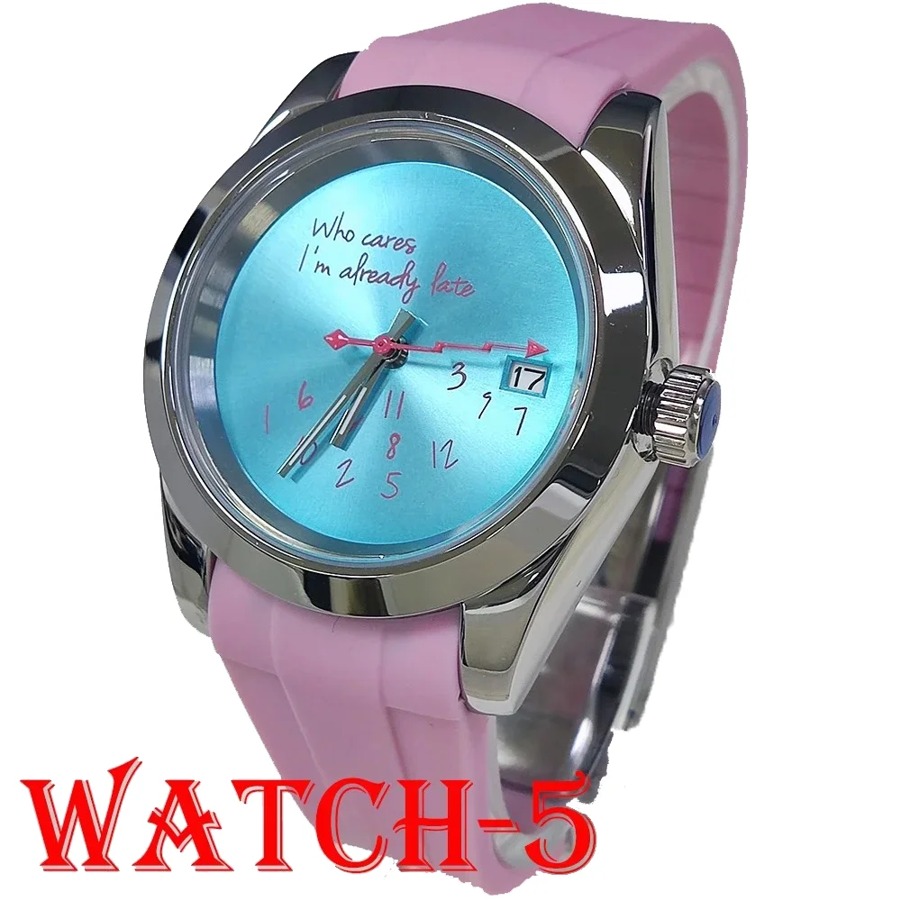 39mm man NH35 Silver Watch Who cares I'm already late sapphire crystal NH35A movement stainless steel digital dial pink hand